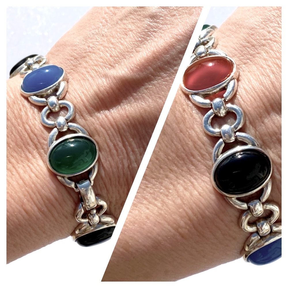 VTG-Sterling Silver 925 Multi Color Onyx, Carnelian & Chalcedony Link Bracelet - Picture 5 of 14